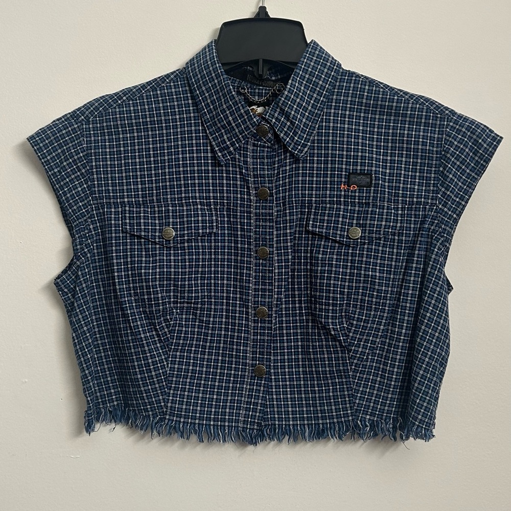 Plaid Cropped Button-Up Shirt Harley Davidson size large